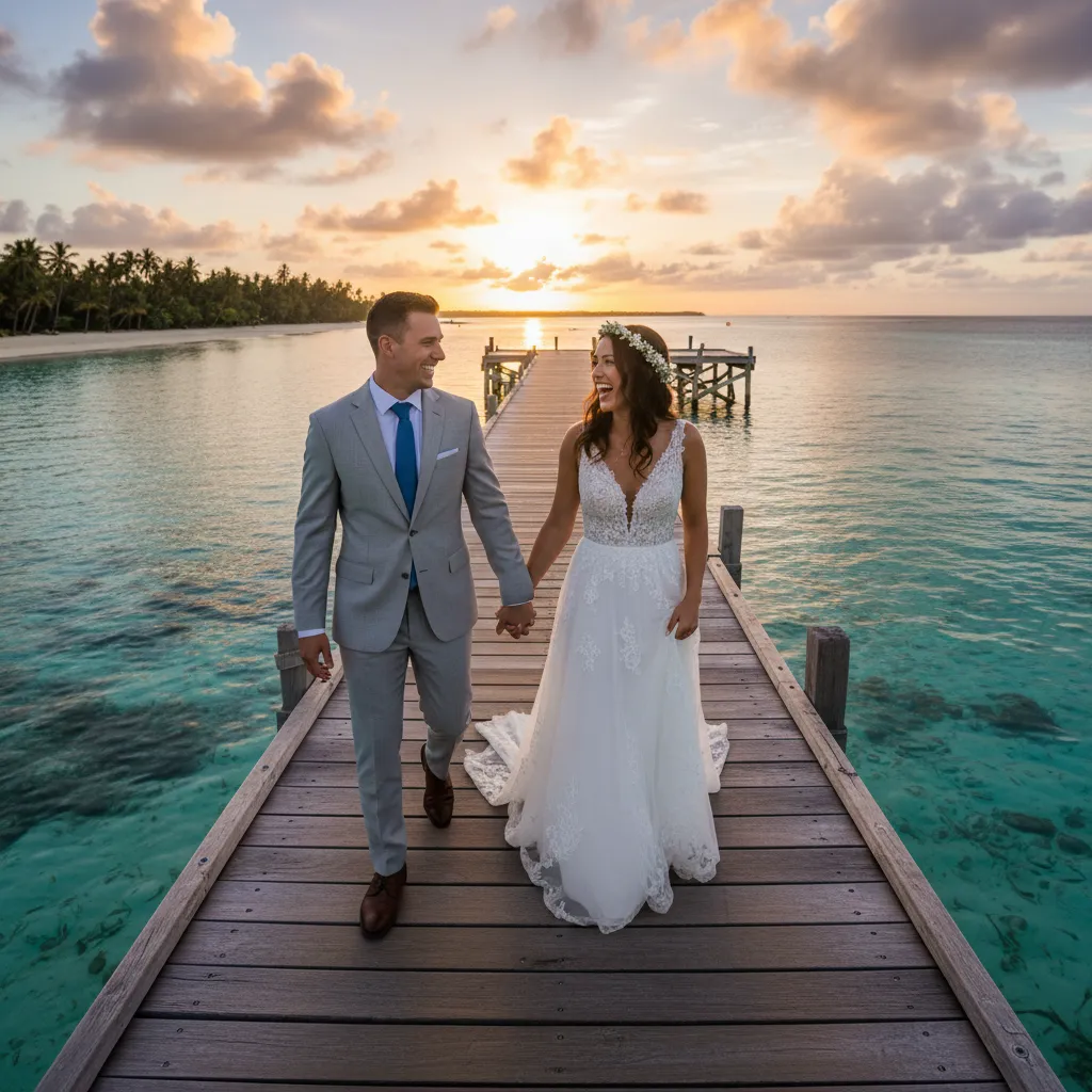 Bride and Groom on a pier in New Caledonia