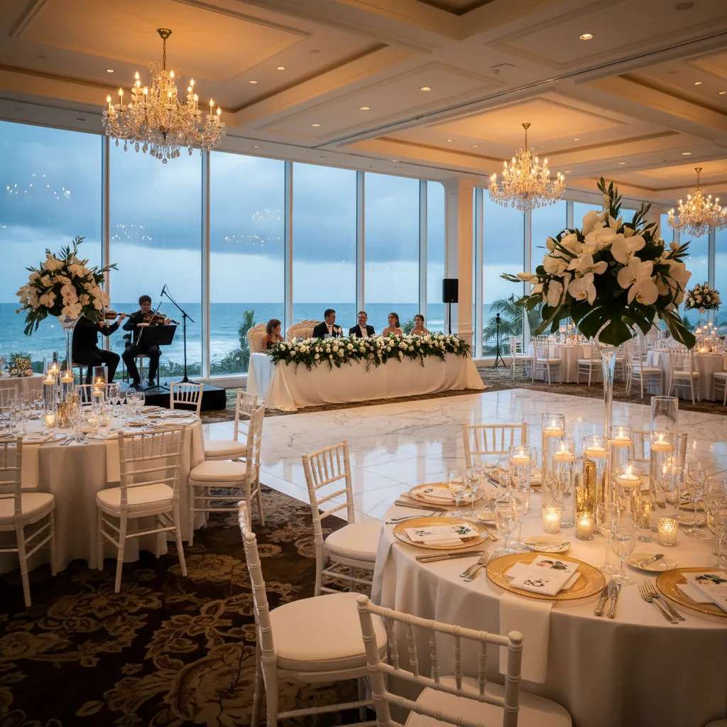 Indoor wedding reception with ocean view backup plan
