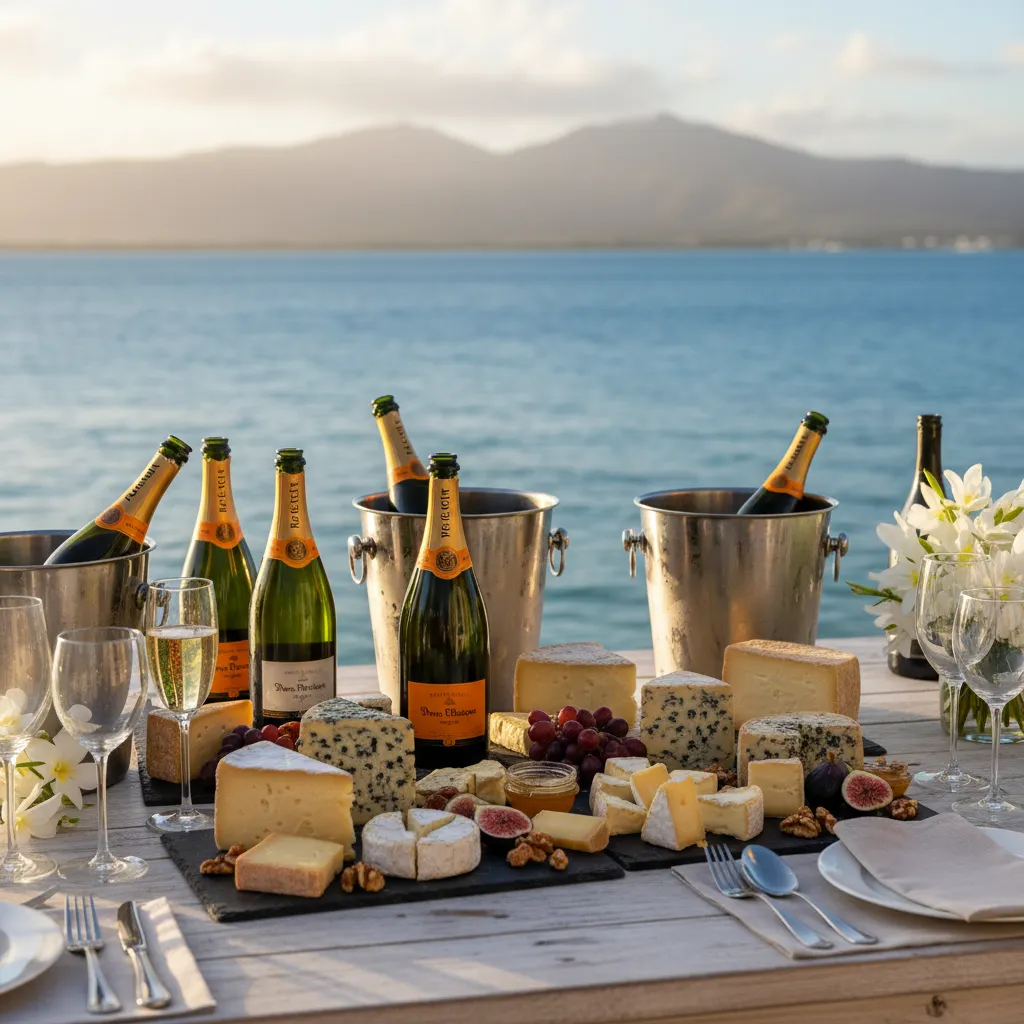 French Champagne and fine dining setup at a New Caledonia wedding reception