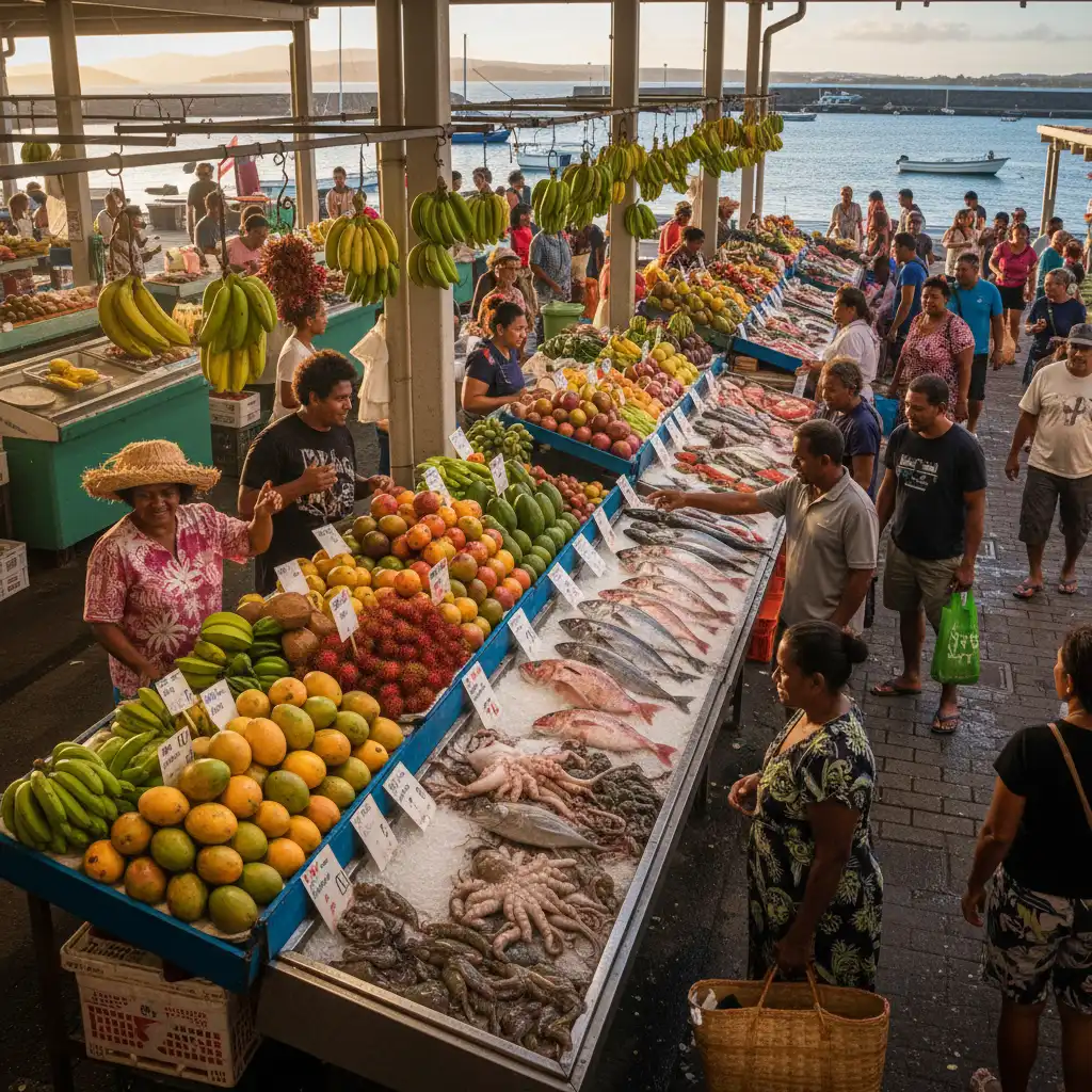 Fresh produce stalls at Port Moselle Market Noumea