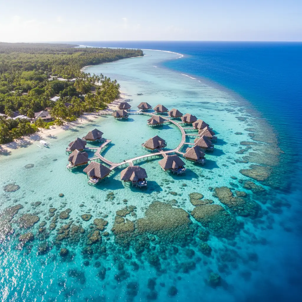 Aerial view of DoubleTree by Hilton Noumea Ilot Maitre Resort overwater bungalows