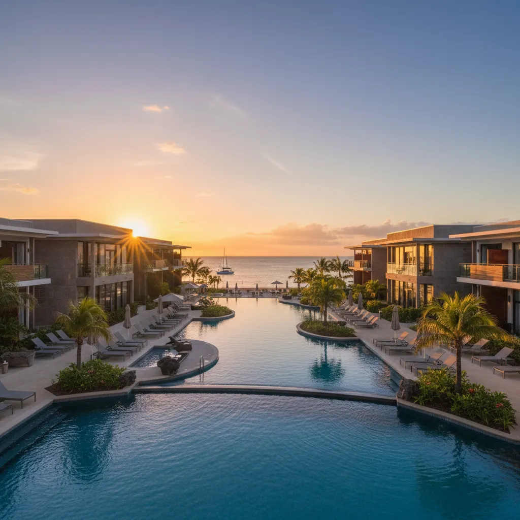 Exterior view of Chateau Royal Beach Resort & Spa at sunset