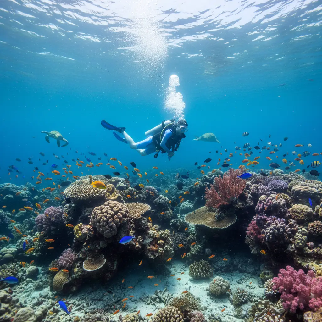 Snorkeling in New Caledonia cooler waters requires a light wetsuit