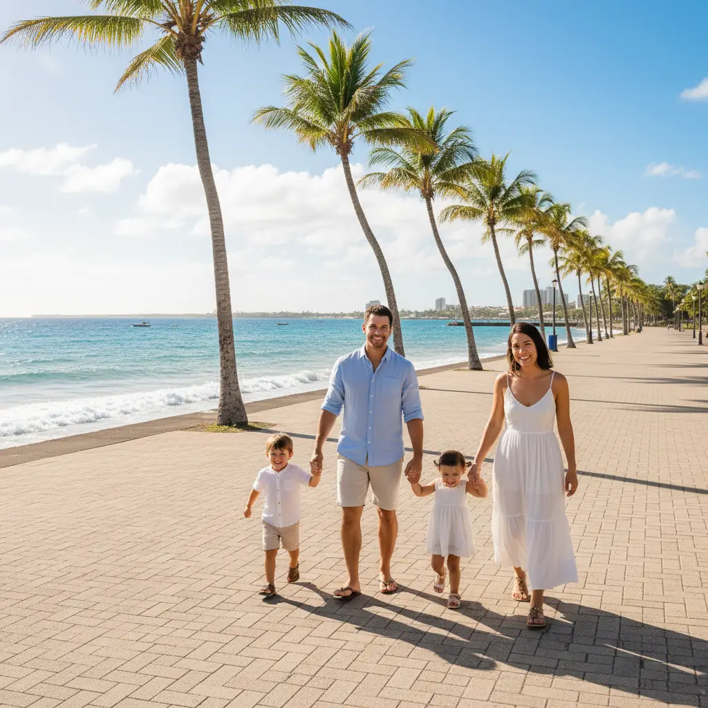 Family walking safely along the Noumea promenade