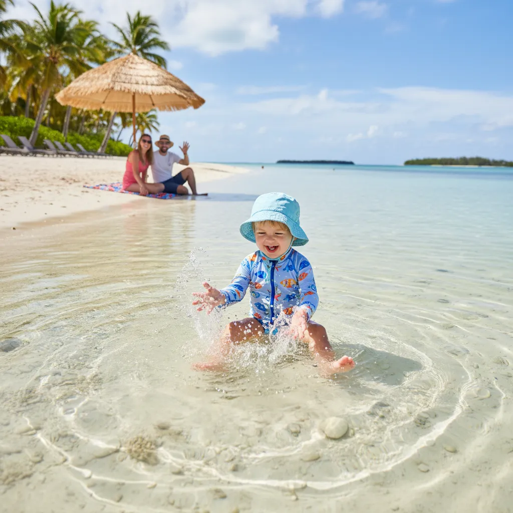 Toddler playing safely in the calm waters of Baie des Citrons
