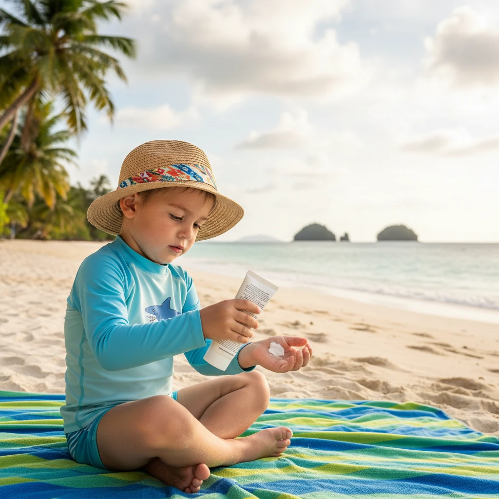 Child practicing sun safety on a New Caledonia beach