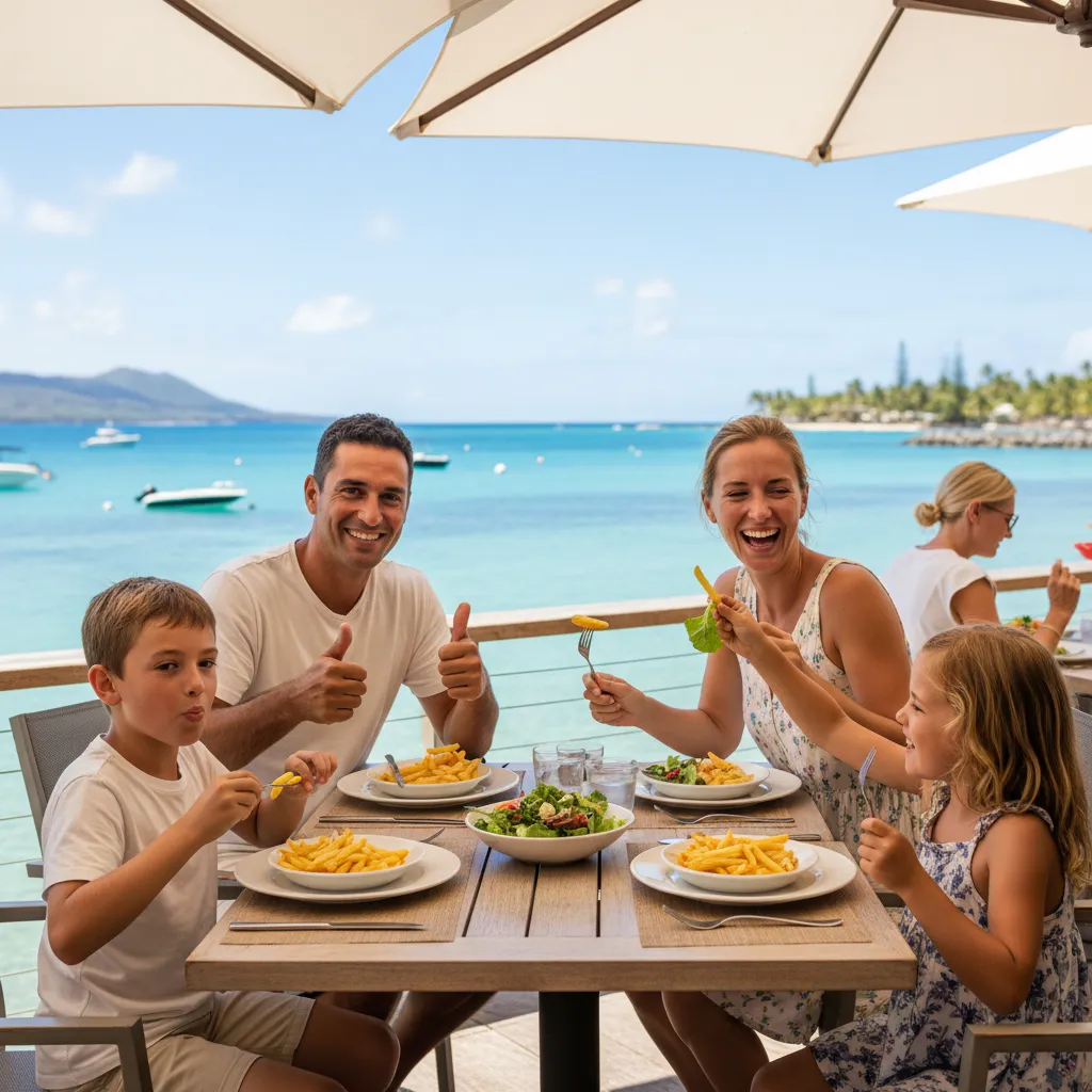 Family enjoying a waterfront lunch at a family friendly restaurant in Noumea