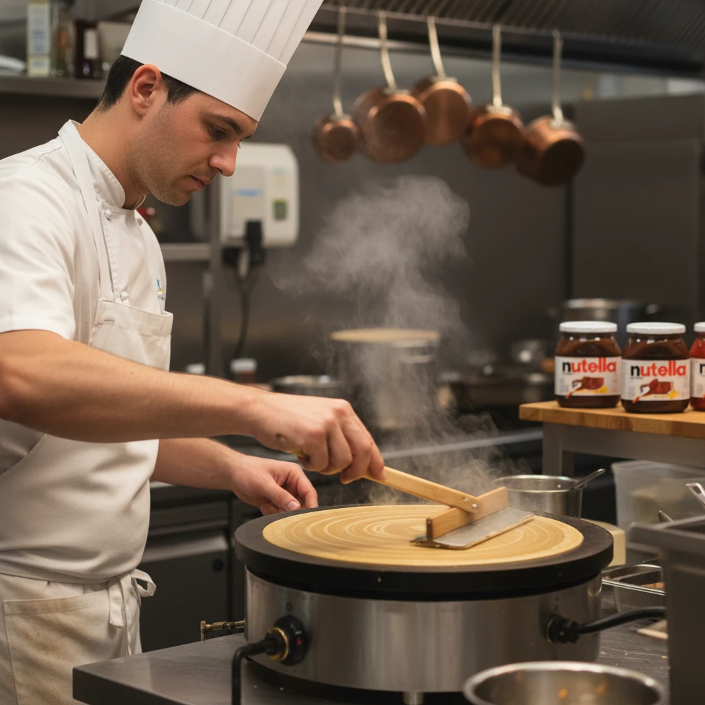 Chef preparing fresh crepes in a Noumea restaurant