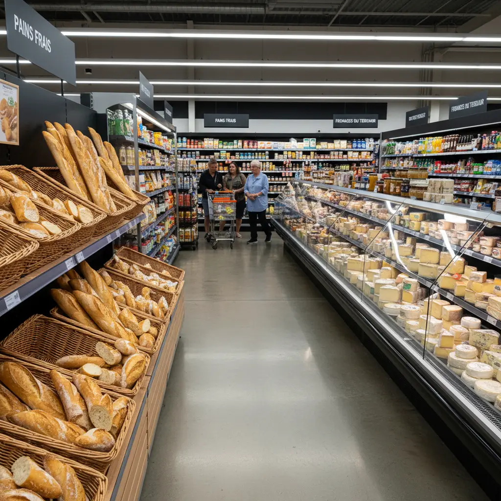 Fresh baguettes and cheese at a Noumea supermarket