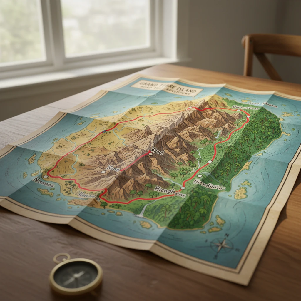 Map of the Grand Terre loop road trip route showing major stops and topography