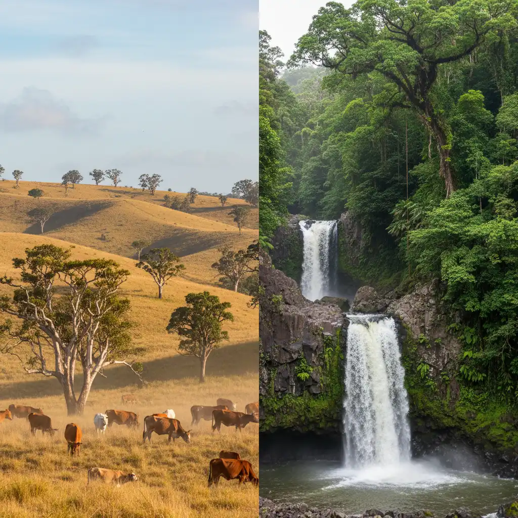Comparison of the dry West Coast savannah and the lush East Coast rainforest in New Caledonia