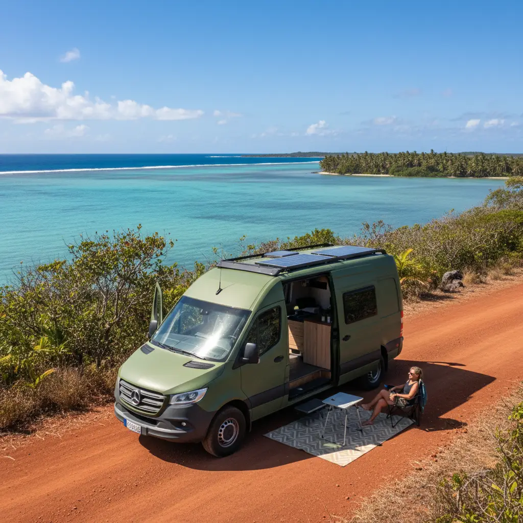 Campervan parked near the New Caledonia lagoon