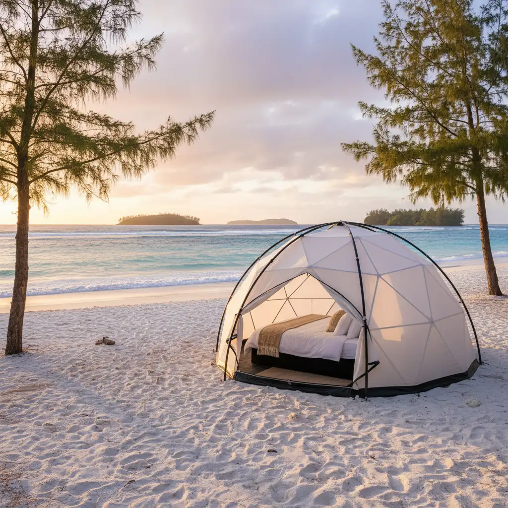 Camping on a white sand beach in New Caledonia near the lagoon