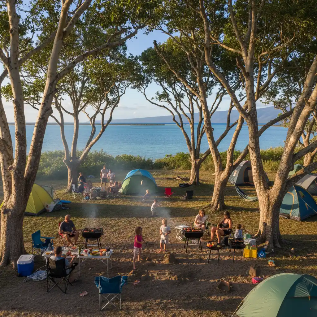 Family camping at Bourail Poé Beach campsite
