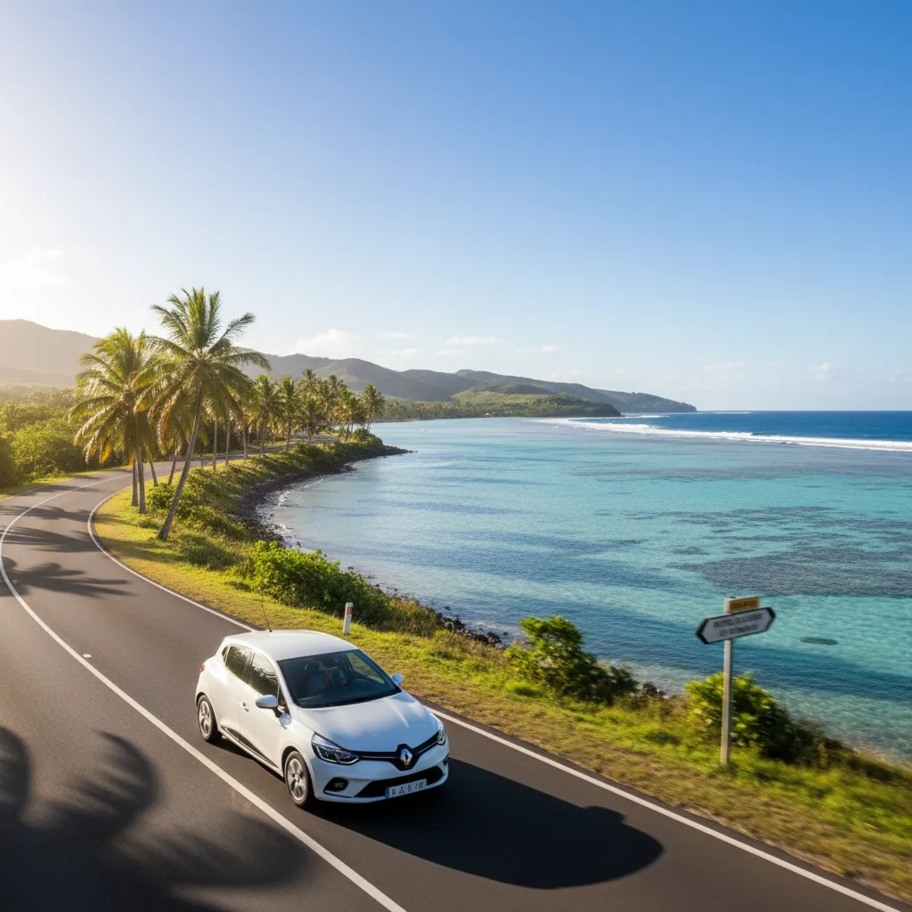 Rental car driving along the scenic coast of New Caledonia