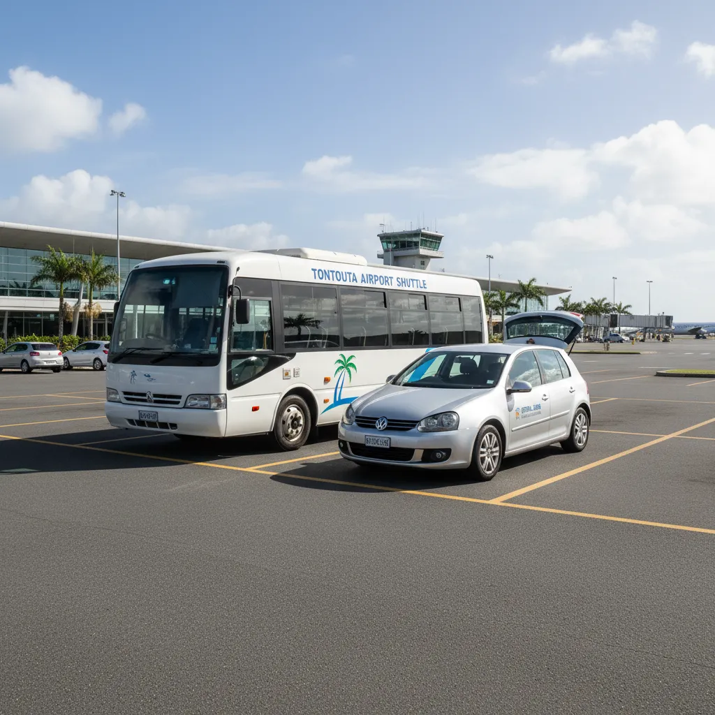 Comparison of airport shuttle bus and rental car options at Tontouta