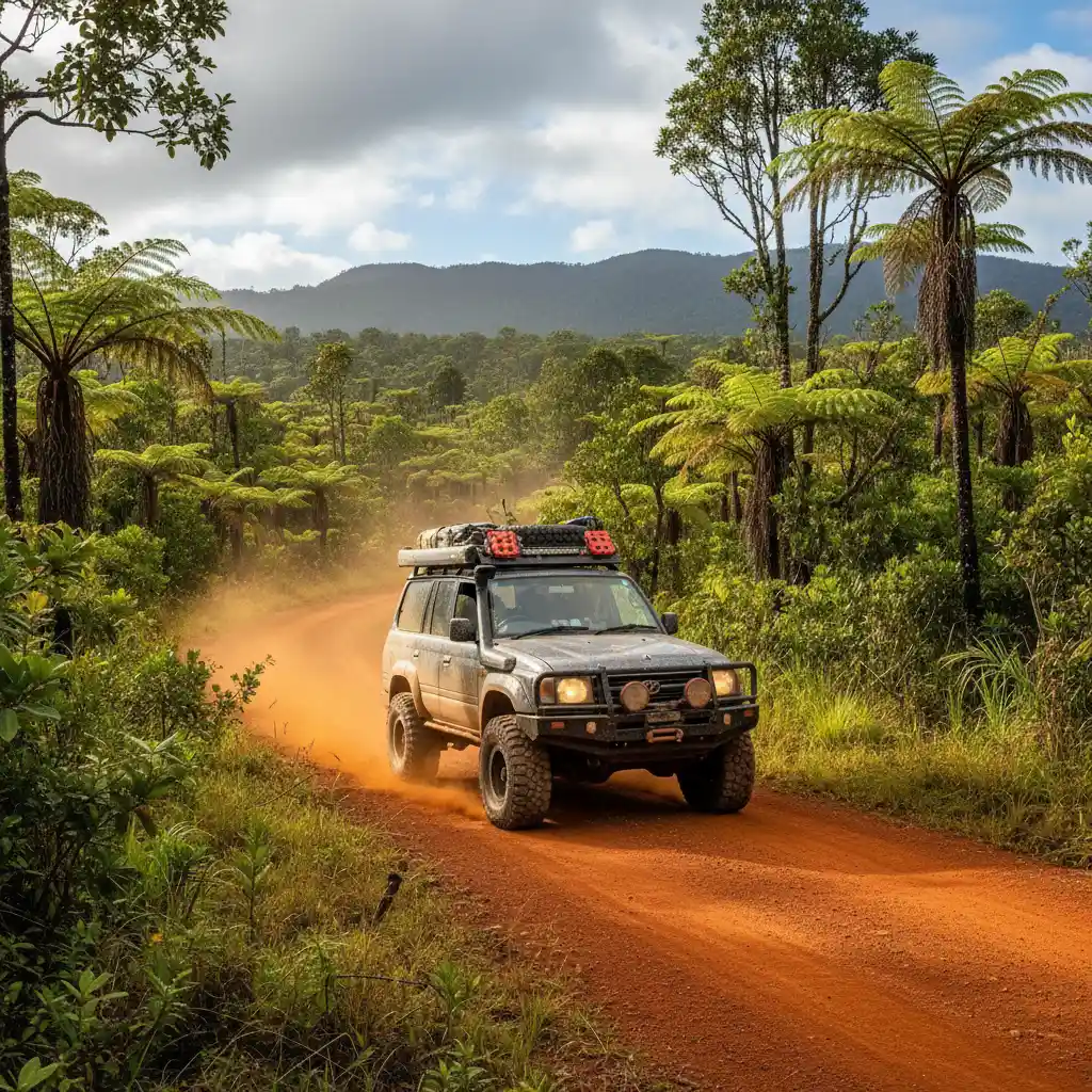 4WD vehicle navigating the red earth roads of New Caledonia's Great South