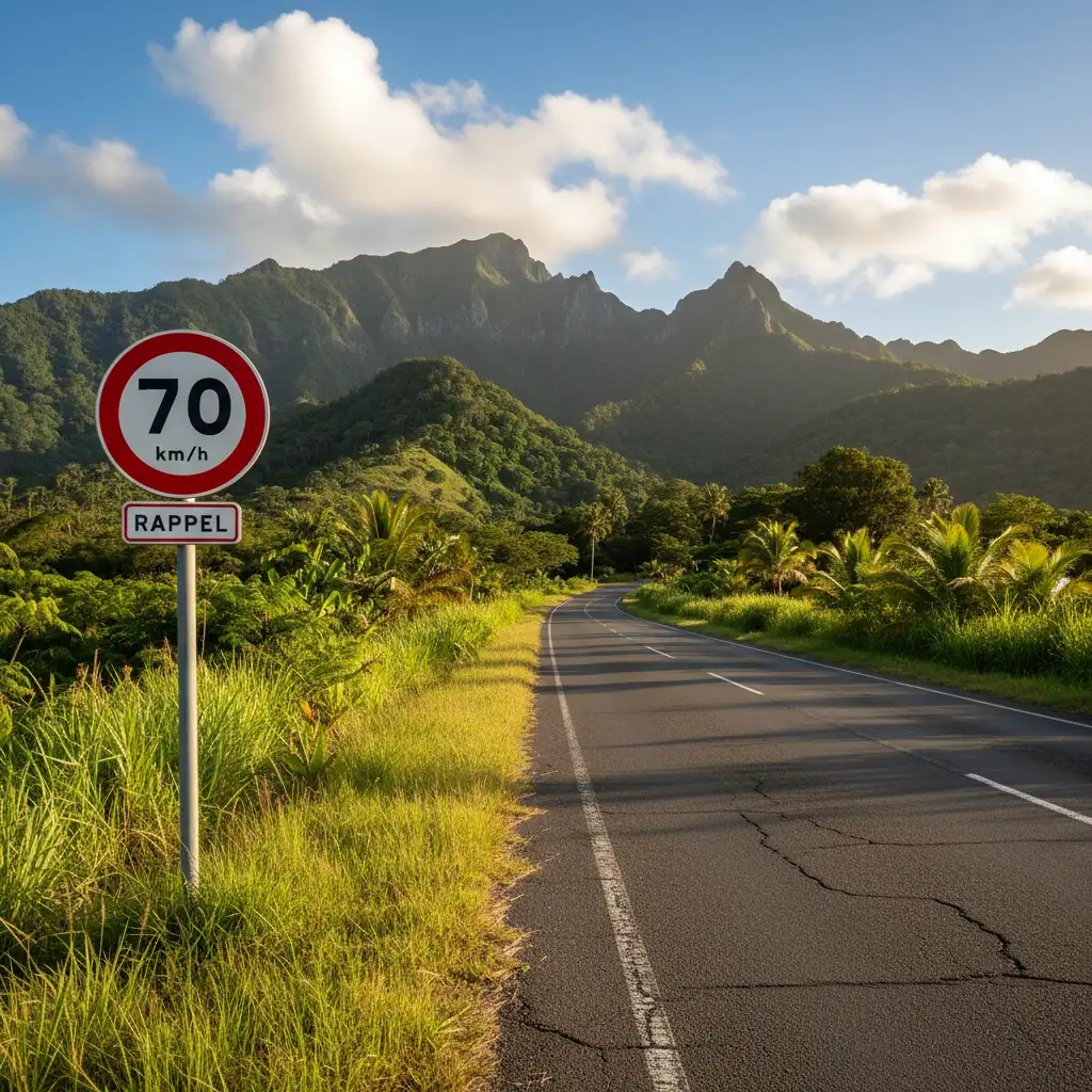 Speed limit sign in New Caledonia rural area