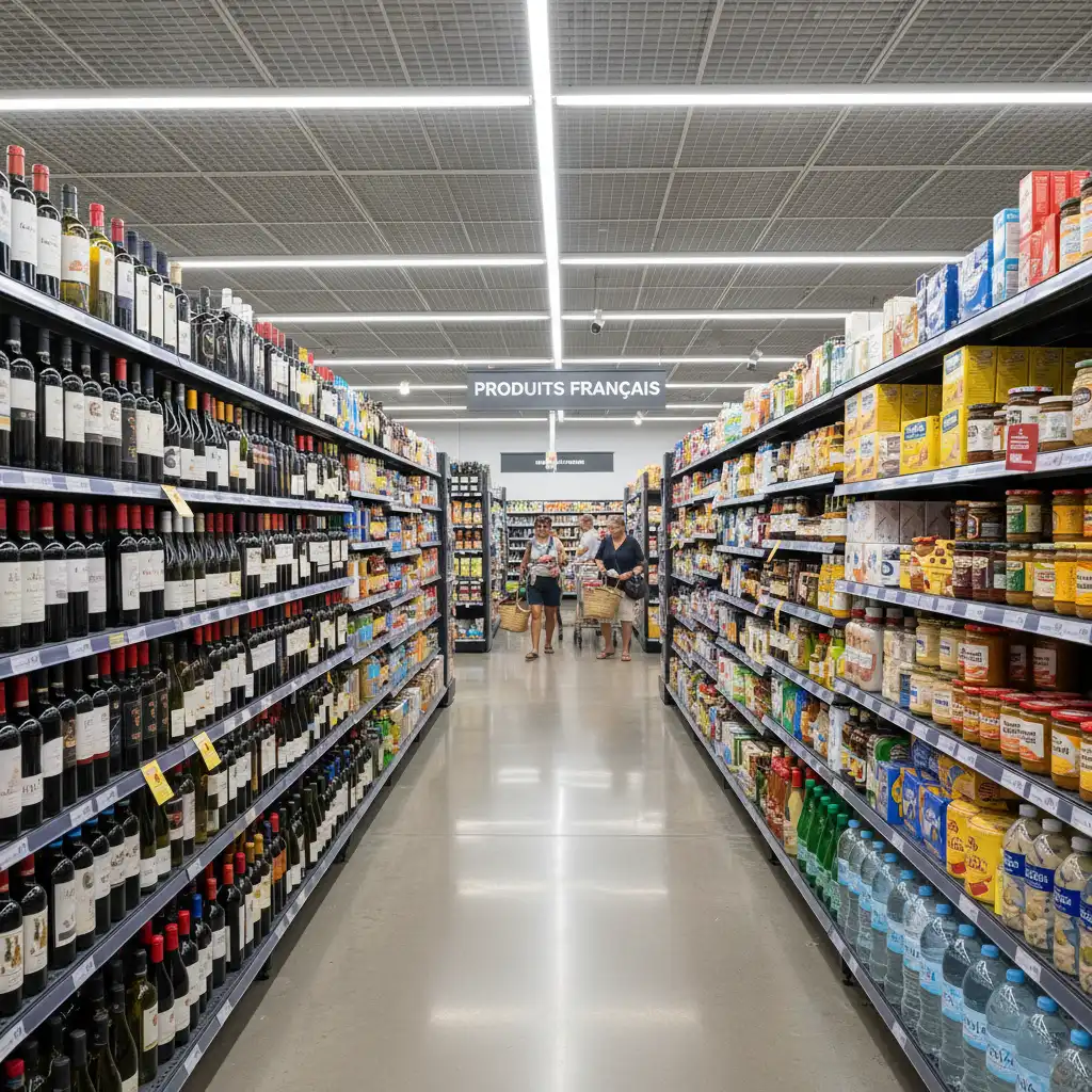 Supermarket aisle in Noumea stocked with French goods
