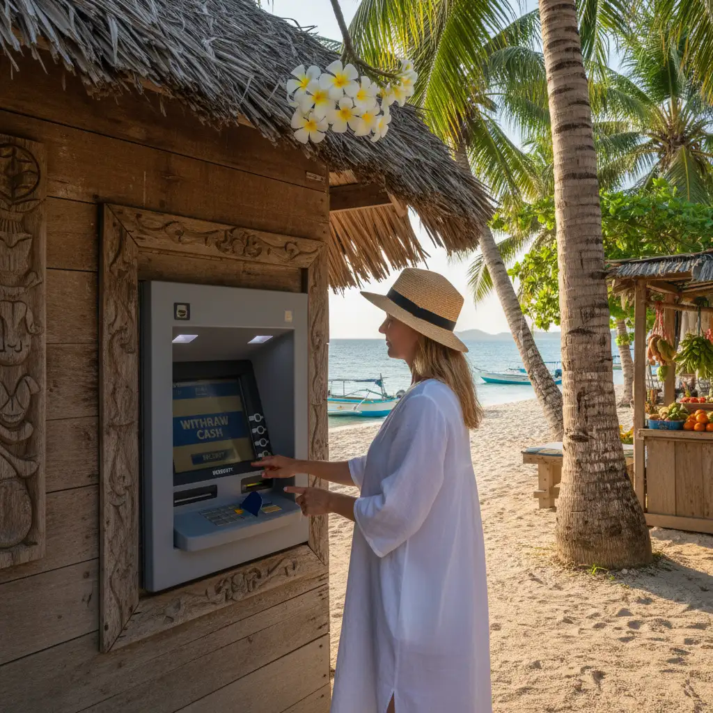 Tourist withdrawing cash from ATM in New Caledonia