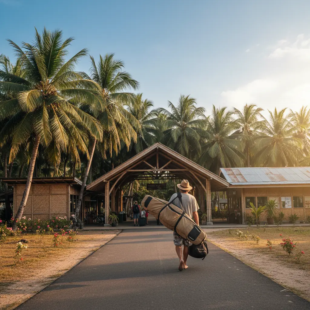 Surfer traveling with equipment to New Caledonia