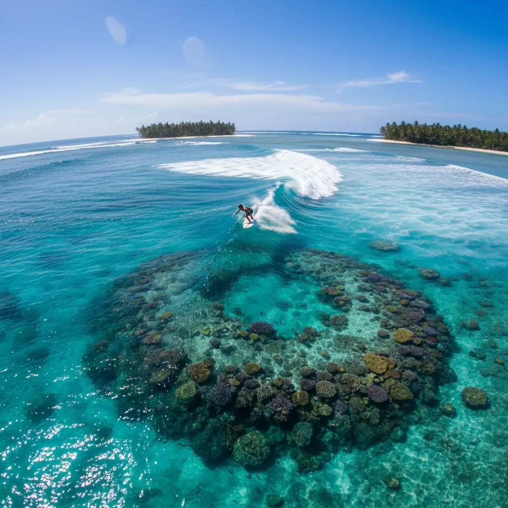 Aerial view of surfing a reef break in New Caledonia