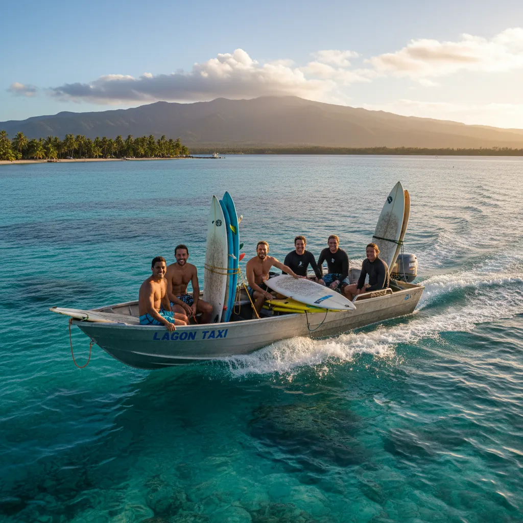 Surfers on a taxi boat heading to reef passes