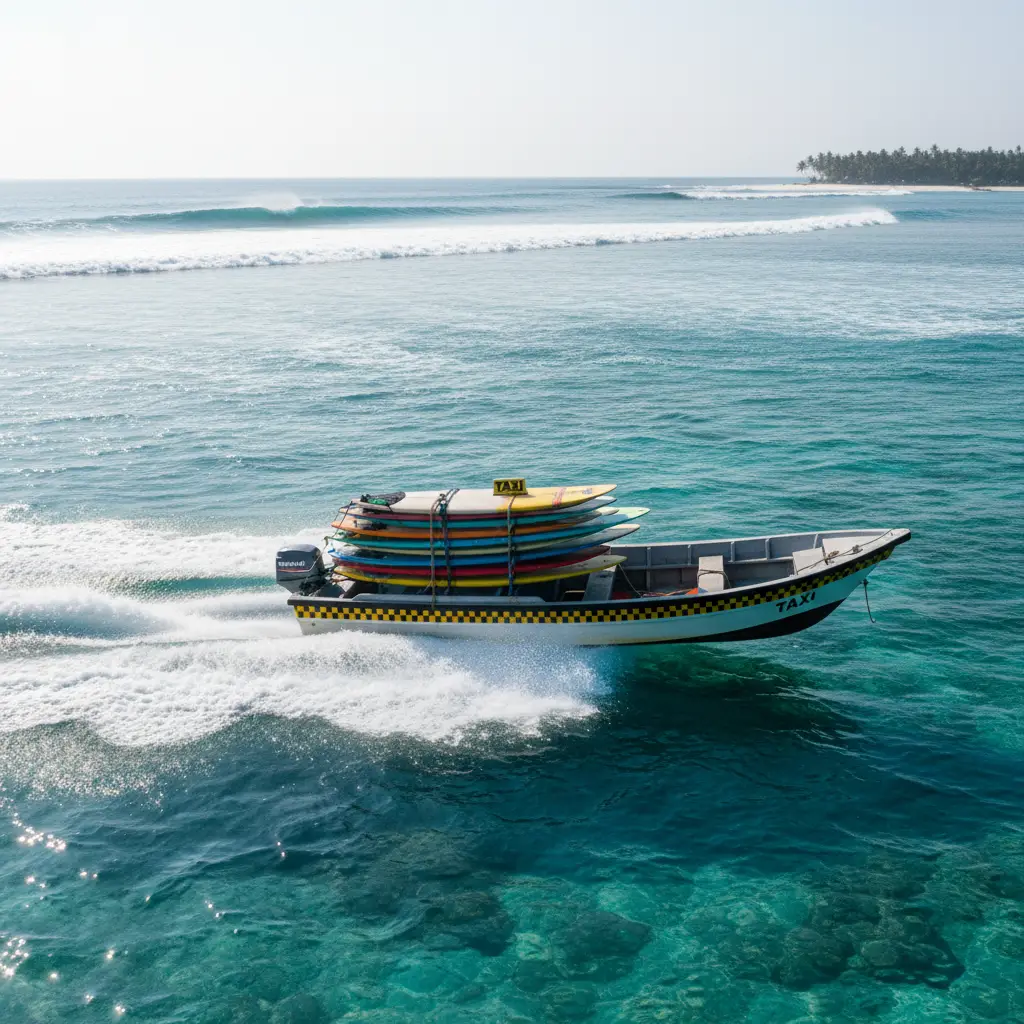 Taxi boat carrying surfboards to the reef in Bourail
