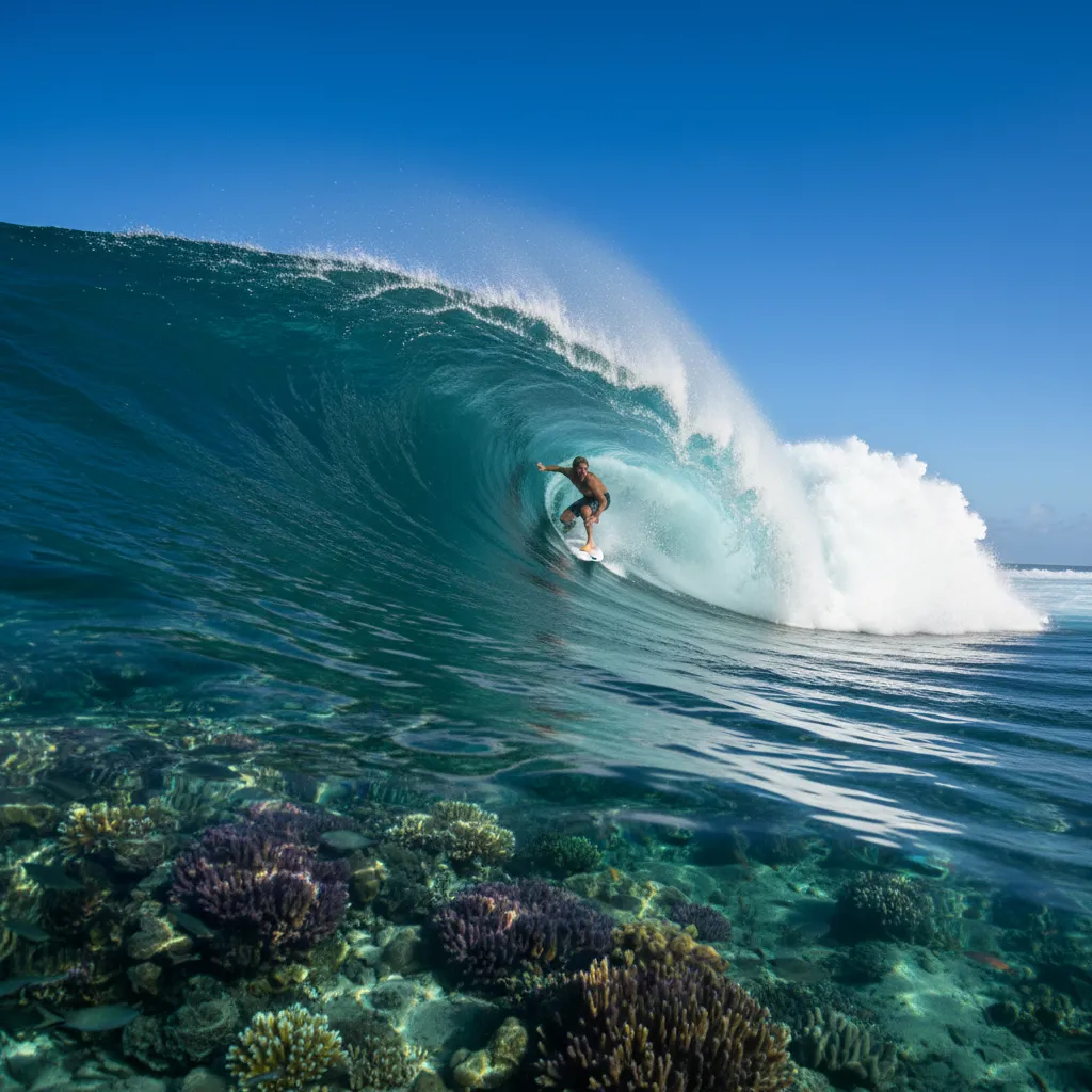 Surfer on a hollow wave at Bourail Reef
