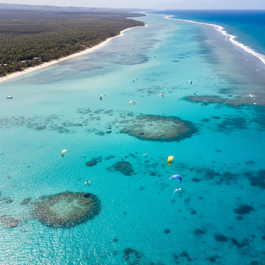 Aerial view of kitesurfing at Poé Beach lagoon New Caledonia