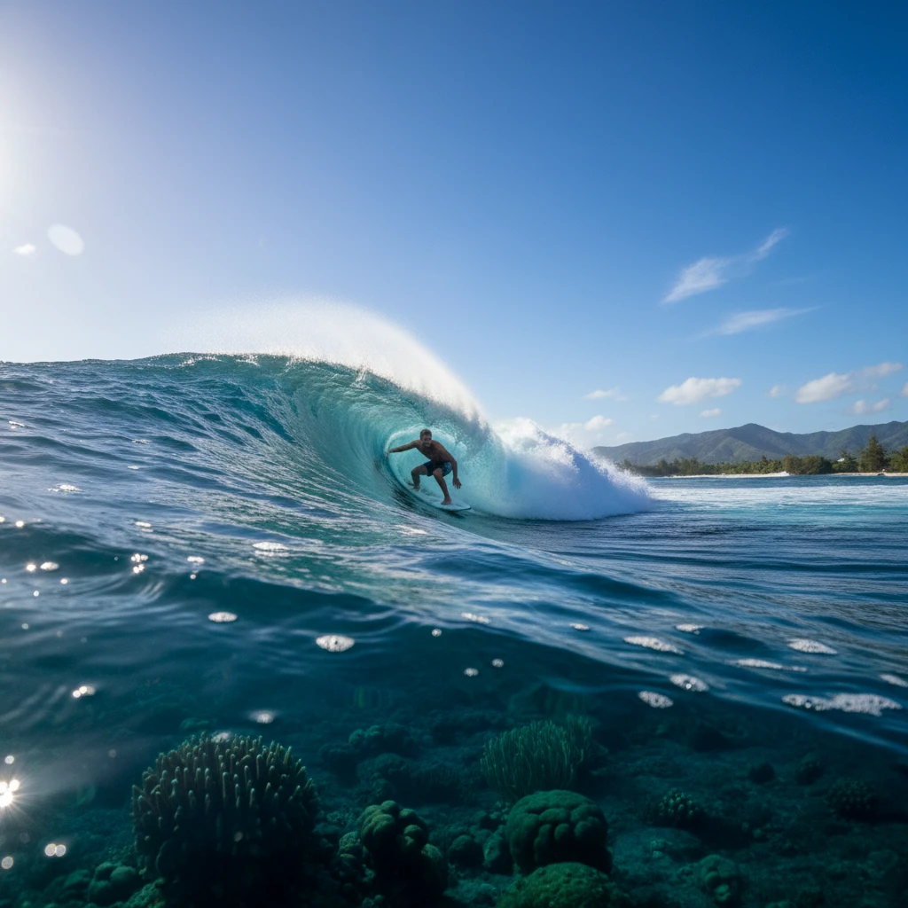 Surfer riding a hollow reef break in New Caledonia during peak season