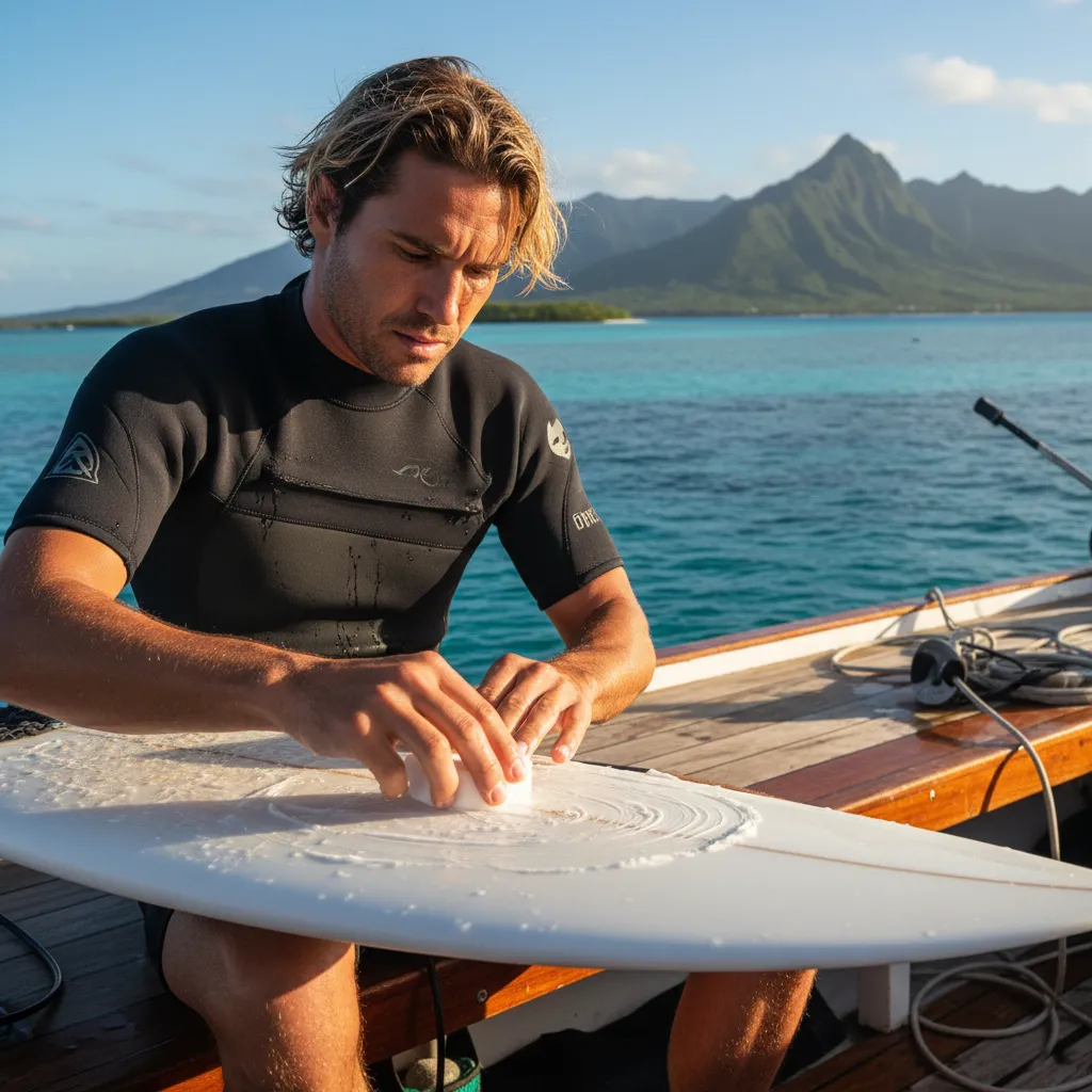 Surfer preparing equipment on a boat in Noumea lagoon