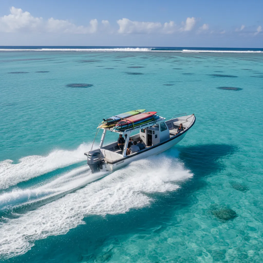 Surf taxi boat heading to the reef in New Caledonia