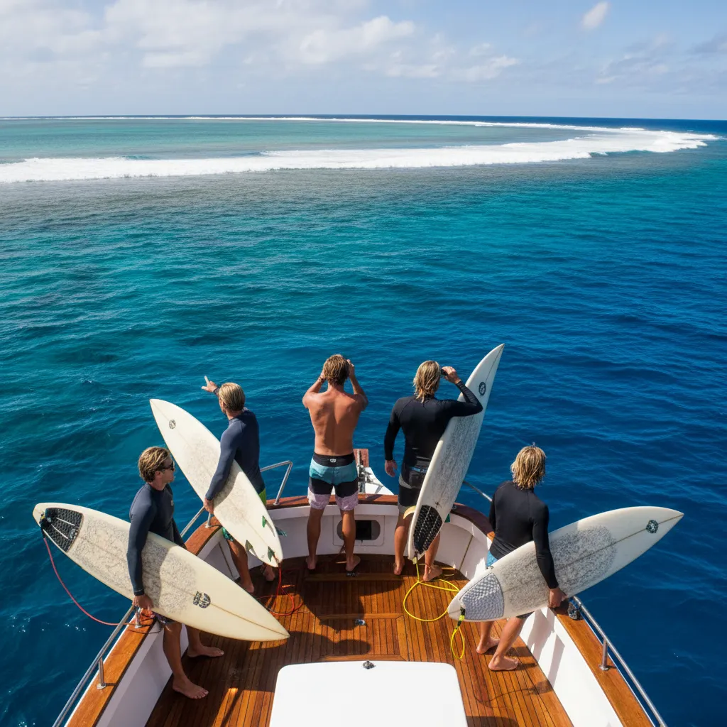 Surfers checking the waves from a private boat charter