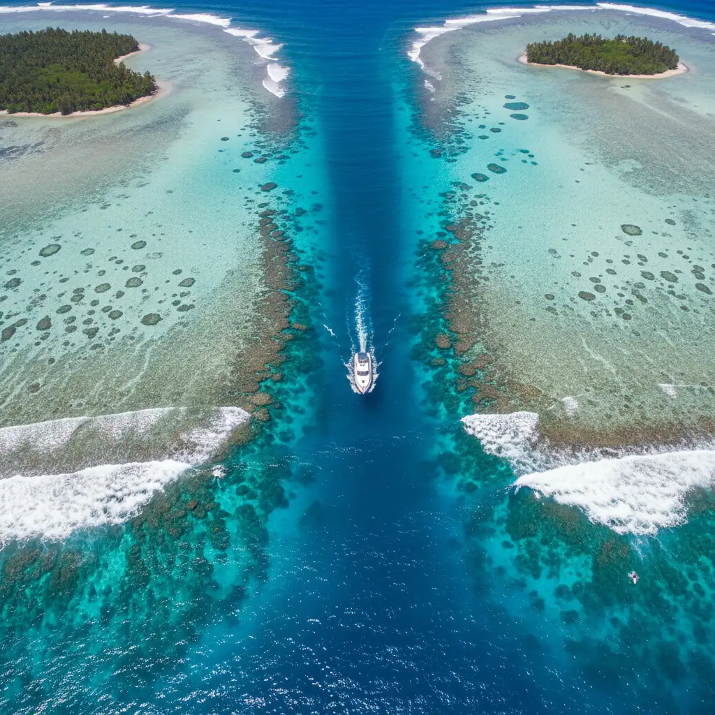 Aerial view of a boat navigating a coral reef pass