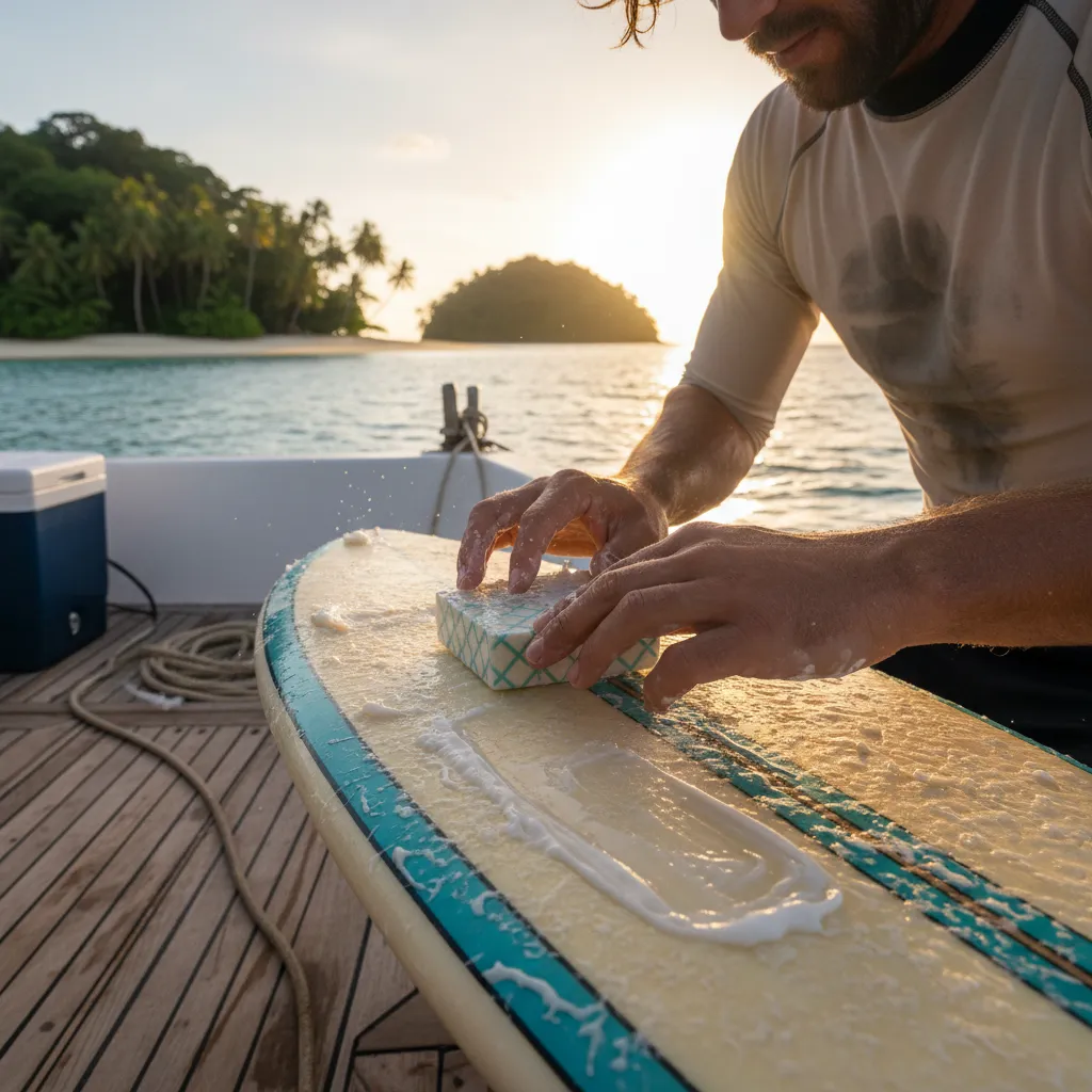 Surfer preparing equipment on the boat deck