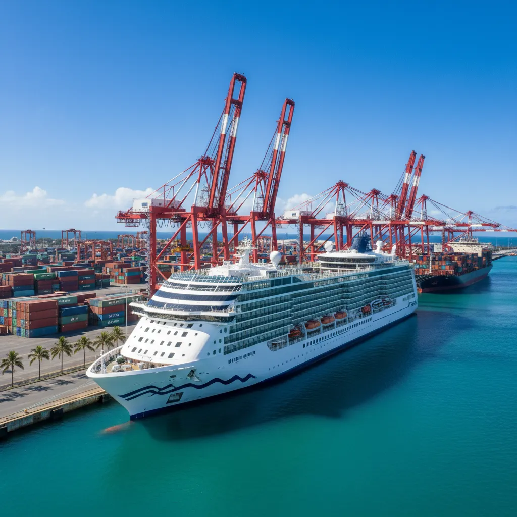Cruise ship docked at Noumea container terminal
