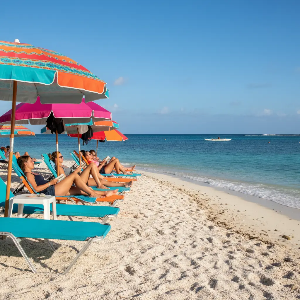 Sun loungers and umbrellas for rent on Duck Island