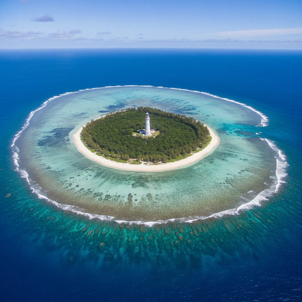 Aerial view of Amedee Island and Lighthouse surrounded by coral reef