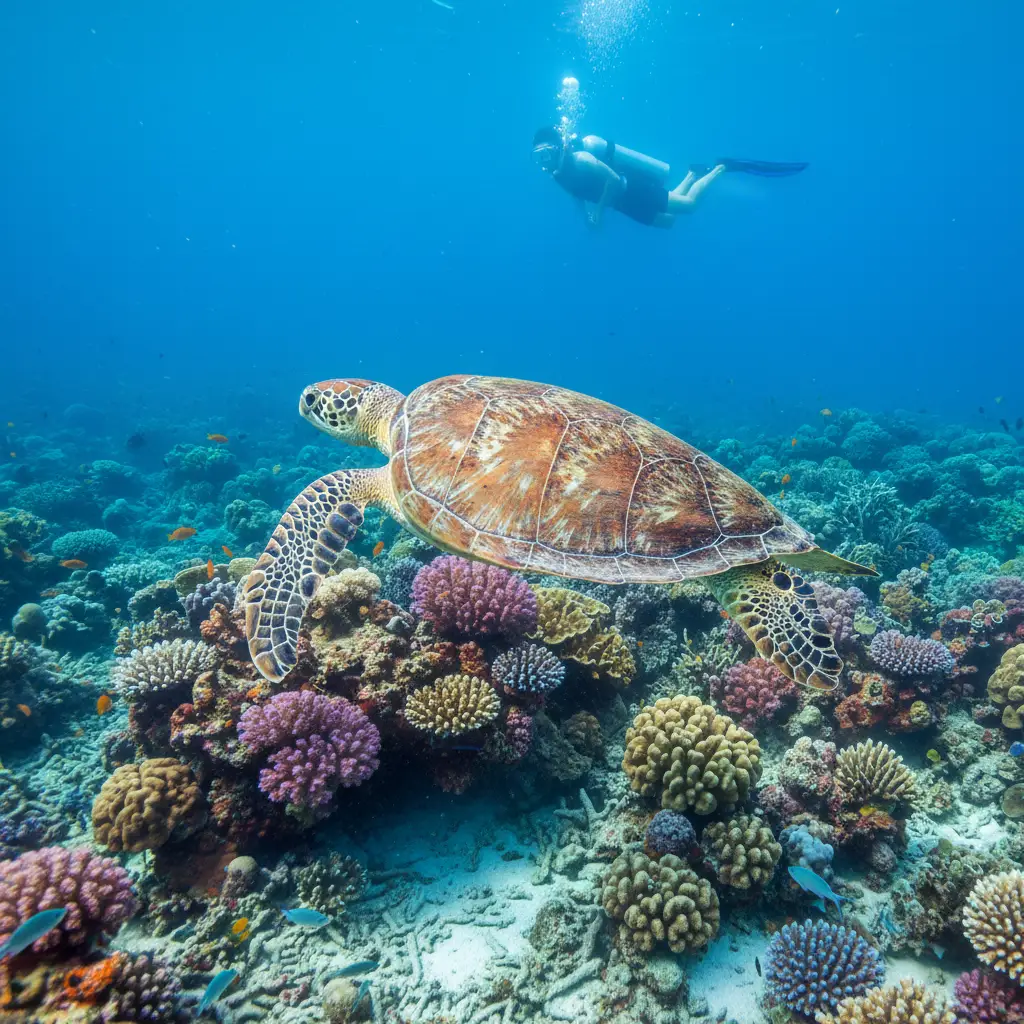 Snorkeling with green sea turtles at Amedee Island