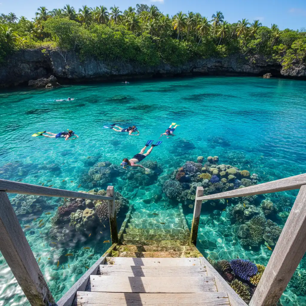 Wooden stairs at Jinek Bay Marine Reserve Lifou
