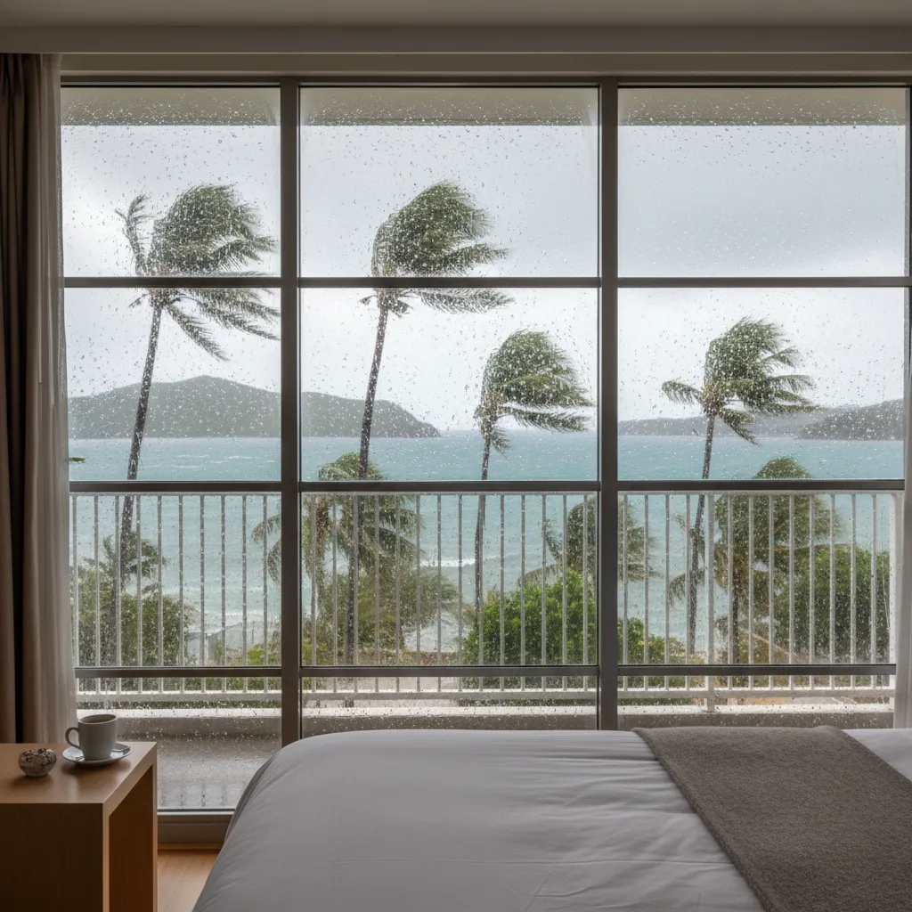 View of storm from safe hotel room