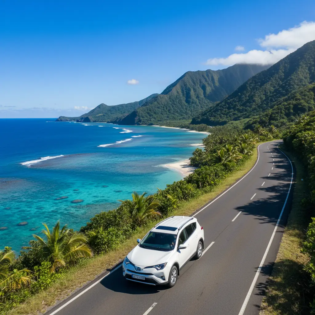 Scenic coastal road trip driving conditions in New Caledonia