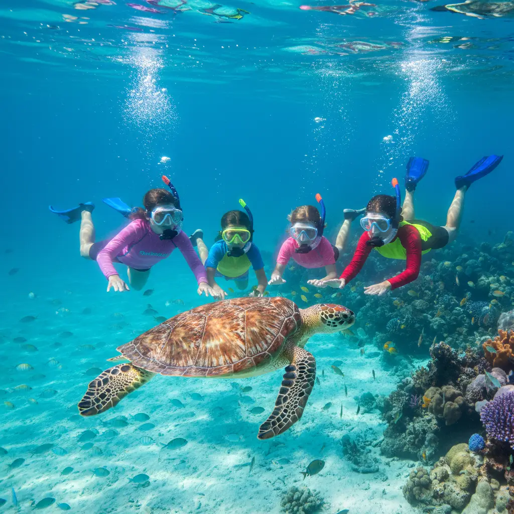 Family snorkeling with turtles in New Caledonia